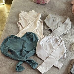 Set of Long Sleeve Crop Tops in Green, White, and Gray